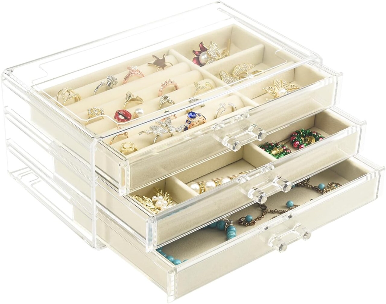 Clear Acrylic Jewelry Box with 3 Drawers – Velvet-Lined Jewelry Organizer for Earrings, Rings, Necklaces & Bracelets, Elegant Beige Display Case for Women & Girls (Beige)
